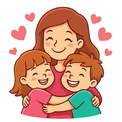 Cartoon illustration of mother and kids hugging with hearts around,