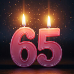 Celebrate milestone 65th birthday with elegant glowing candles and festive bokeh lights