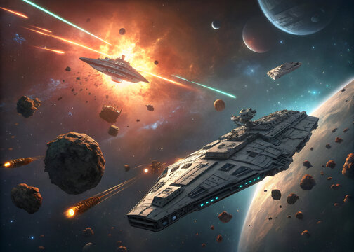 Epic space battle scene featuring two massive starships engaging in intense combat amidst an asteroid field and planets