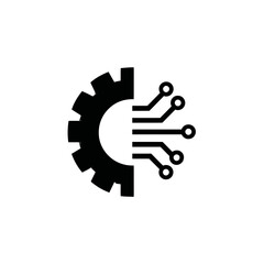 Illustration of a half gear and half circuit board in black and white creating a technology concept image
