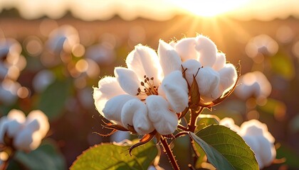 Glowing Cotton Flower Field with Warm Sun Rays in a Golden Hour Landscape Cinematic Still Life Photography