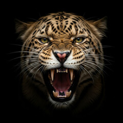 Fierce leopard roars with bared fangs, capturing primal power and untamed wildness