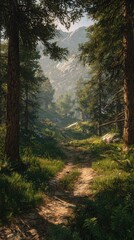 Sun-dappled path winds through a lush coniferous forest, leading towards hazy mountains.  Sunlight filters through the tall trees, illuminating the verdant undergrowth and dusty trail