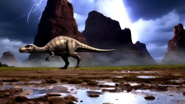Massive dinosaur roams through a dramatic landscape under dark, stormy skies