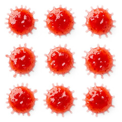 Vibrant strawberry jam splatters create a dynamic, delicious visual for food advertising and design projects