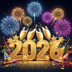 Cheers to 2026 with sparkling champagne and dazzling fireworks celebrating new beginnings