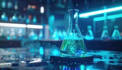 Glowing Erlenmeyer Flask with Green Liquid on Platform in a Dark Room with Lab Equipment and Neon Lighting