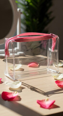 Elegant clear cosmetic bag with pink zipper and scattered rose petals, perfect for travel and beauty essentials.