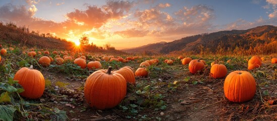 Sun-drenched pumpkin patch at sunset, nestled in rolling hills, showcasing vibrant autumn colors and abundant harvest