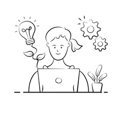 Student working on laptop with creative and bright ideas, modern illustration