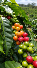 Vibrant coffee cherries ripen on branch showing red, orange, and green stages in lush plantation