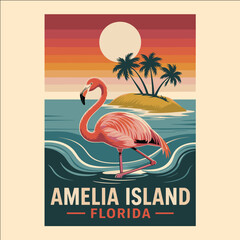 Pink flamingo standing in tropical ocean water with island, palm trees, and sunset background in retro vintage travel illustration