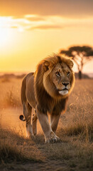 Majestic lion walks confidently through golden savanna at sunset, embodying strength and wild freedom