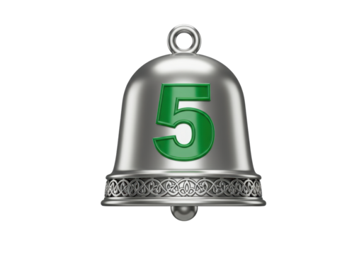 Isolated Celebration concept rendering of festive bell, number 5, metal, shiny, luck symbol