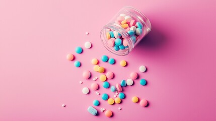 Spilled colorful pills jar styled healthcare pharmaceutical product advertising composition