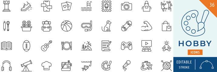 Hobby icon collection set. Editable stroke.
