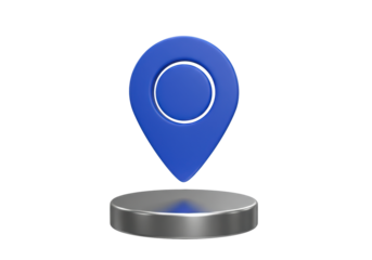 Isolated 3D location pin on metal base, marker, pointer, symbol, location sign, map pointer