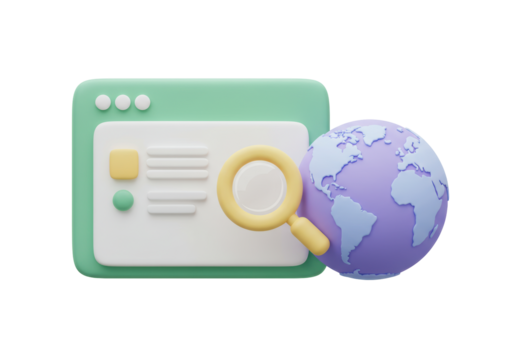 Isolated internet search with globe and magnifying glass for web page exploration concept