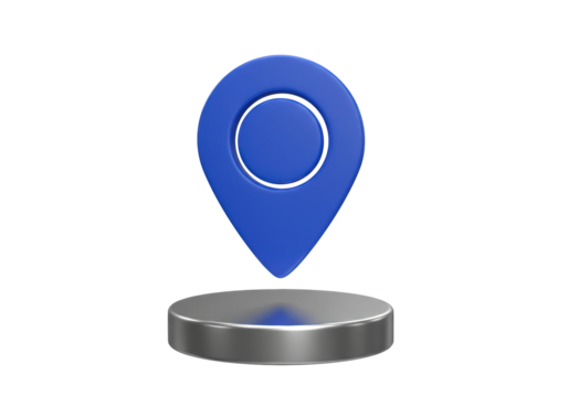 Isolated 3D location pin on metal base, marker, pointer, symbol, location sign, map pointer