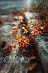 Sunlit yellow wildflowers with reddish-brown foliage sprout from a crack in a weathered stone surface, scattered autumn leaves nearby