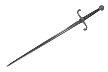 A silver rapier with an ornate hilt and black grip, isolated against a transparent background. background removed