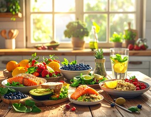 A vibrant spread of healthy foods, including salmon, fruits, and grains, set on a rustic wooden table in a sunlit kitchen
