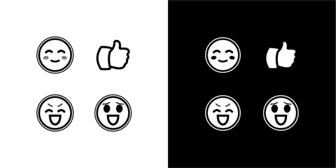 A monochrome illustration showcasing various smiling faces and a thumbs-up symbol.