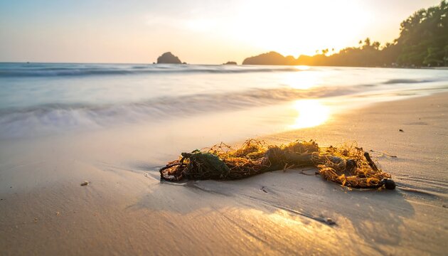 Golden sunset beach scene with seaweed - Powered by Adobe
