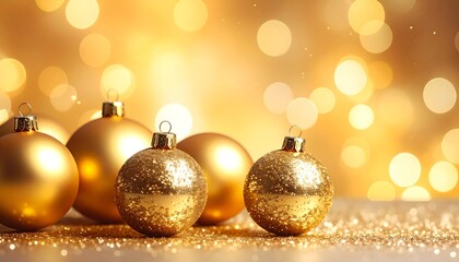 Gleaming golden spheres, some sparkling, rest amidst a soft, blurred background of warm bokeh lights and glitter