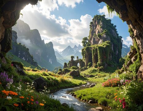 Enchanting pastoral landscape with ancient ruins nestled amidst lush green rolling hills under a vibrant blue sky with scattered clouds