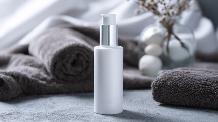 Spray bottle with towel styled spa lifestyle advertising product composition photography display
