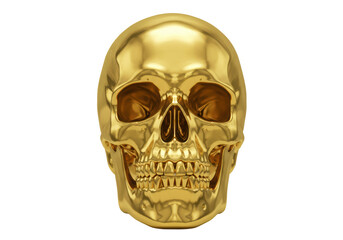 Isolated rendering of a golden human skull, a symbol of mortality and death, three dimensional