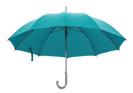 Isolated teal open umbrella with raindrops on it providing protection from rain and sunlight