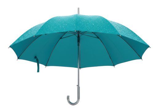 Isolated teal open umbrella with raindrops on it providing protection from rain and sunlight