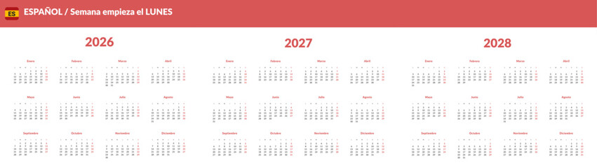 Set of annual on Spanish language Calendar Templates 2026, 2027, 2028. Vector layout of wall or desk simple Minimal calendar with week start on Monday. Weekends highlighted in red. Page A4 -21x29.7cm