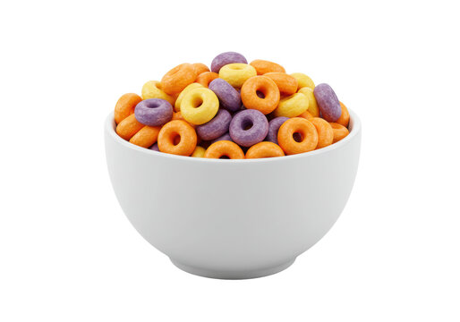 Isolated bowl of fruit cereal in orange, yellow, and purple on a white surface