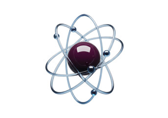 Isolated shiny atom model, orbiting electrons around nucleus, physics concept for education