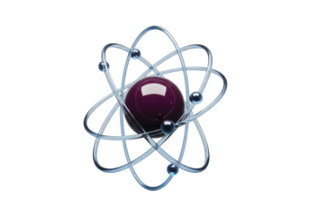 Isolated shiny atom model, orbiting electrons around nucleus, physics concept for education