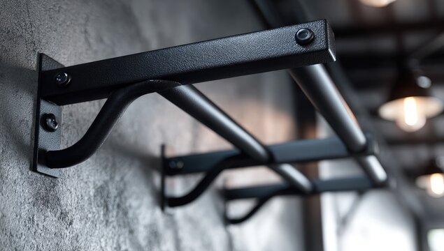Wall-mounted, black metal pull-up bar with two parallel bars and curved supports, affixed to a textured grey wall; shallow depth of field