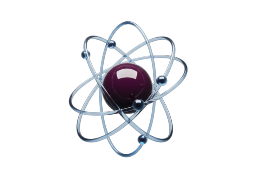 Isolated shiny atom model, orbiting electrons around nucleus, physics concept for education