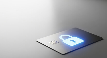 A credit card with a glowing, abstract padlock icon is placed on a clean, light-colored surface. The card is positioned on the lower right. The left side of the image is open,