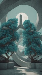 Teal bonsai trees flank a minimalist concrete structure, arched openings framing a pale sky and a distant, bright moon
