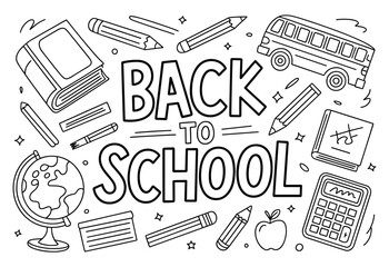 Back to school doodle illustration with books, pencils, school bus, globe, and stationery in hand drawn sketch style education design