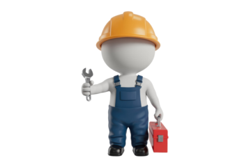 A 3D rendered image of a worker wearing a hard hat and overalls, holding a wrench and a toolbox. background removed
