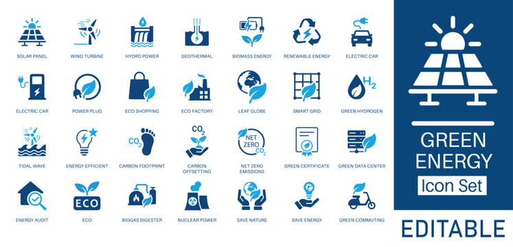 Green Energy and Sustainability solid icon set. Featuring Solar Panel, Wind Turbine, Electric Car, and Net Zero Emissions. Flat vector design for climate change awareness and sustainable technology.