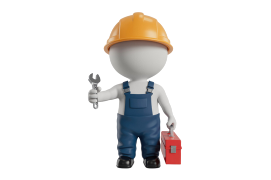 A 3D rendered image of a worker wearing a hard hat and overalls, holding a wrench and a toolbox. background removed