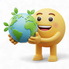 Emoji character holding globe with green leaves isolated on transparent background