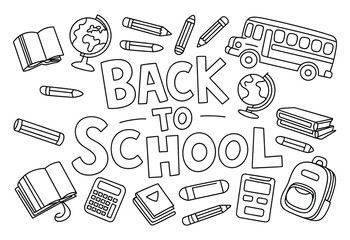 Back to school doodle illustration with books, pencils, school bus, globe, and stationery in hand drawn sketch style education design