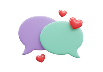 Isolated chat bubbles with hearts representing love and romantic connection between two people