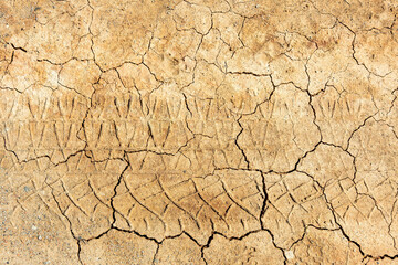 Unique tire tracks on dry, cracked earth showing signs of drought during a sunny afternoon in an open area